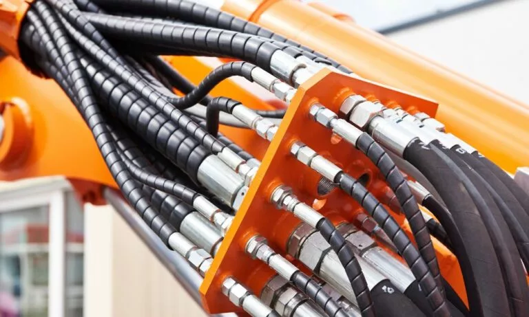 multiple industrial hose components connected to hydraulic machinery
